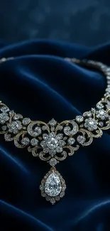 Diamond necklace on navy blue velvet cloth.