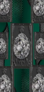 Elegant diamond-patterned wallpaper with green background.