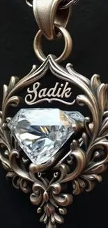 Diamond pendant with intricate metallic design.