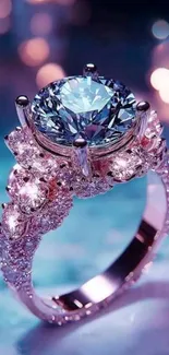 Diamond ring on vibrant blue background.