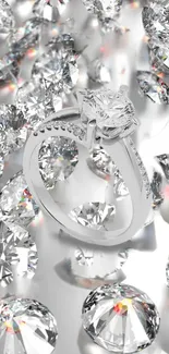 Diamond ring amidst sparkling gems on a silver background.