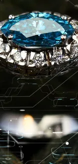 Diamond ring with blue gemstone on dark background.