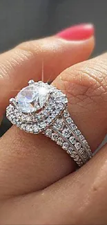 Elegant diamond ring showcased on a finger.