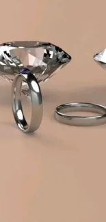 Diamond rings and crystals on a beige background.