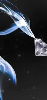 Elegant diamond floating in blue smoke on a black background.