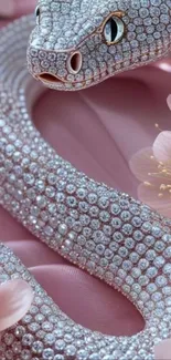 Diamond-encrusted snake with cherry blossoms on pink background.