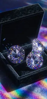 Sparkling diamonds in a black box with colorful reflections.