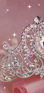 Elegant diamond tiara on a pink background.