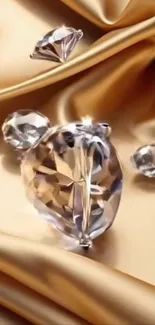 Luxurious diamonds on gold silk background wallpaper.