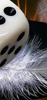 Elegant white dice and feather against a dark background.