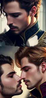 Elegant digital art of two regal men facing each other, exuding romance and sophistication.