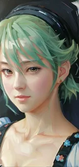 Green-haired character in elegant digital art style.