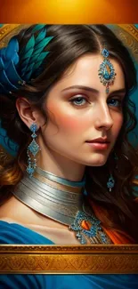 Elegant woman portrait with jewelry and blue feathers in digital art style.