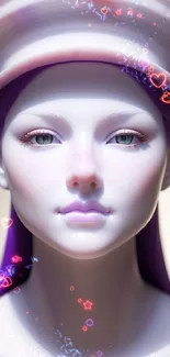 Futuristic digital art wallpaper of a humanoid with lavender hues.