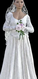 Elegant bride in lace gown with bouquet on black background.