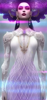 Digital fantasy art of a poised figure with a purple headdress.