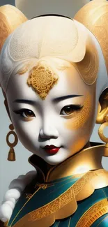 Elegant digital geisha artwork with gold details and traditional attire.