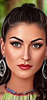 Digital portrait of a woman with elegant features and striking earrings.