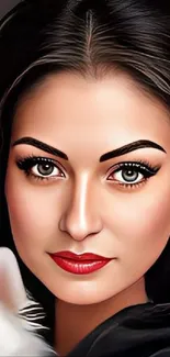 A digital artwork of a woman with striking features and dark hair.