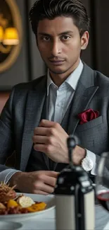 Sophisticated man in a grey suit dining elegantly in a luxurious setting.