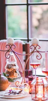 Elegant dining table with candles and flowers by the window.