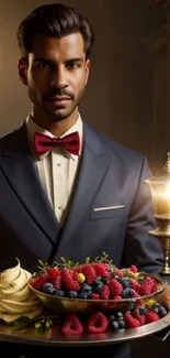 Man in navy suit holding dessert platter at elegant dinner setting.