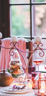 Elegant dinner table with floral and candle decorations creating a warm ambiance.