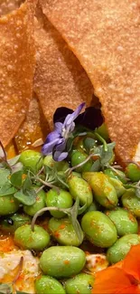 Colorful dish with crackers and veggies.