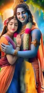 Divine couple embracing in a mythical scene with vibrant colors.