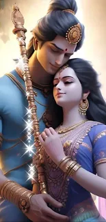 Elegant divine couple embracing in a spiritual art scene.