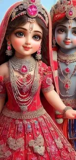 Beautifully adorned divine figures in elegant, vibrant attire.