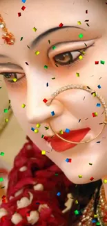 Elegant divine face with colorful confetti.