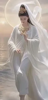 Divine feminine figure in flowing white robe over ocean.