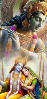 Divine artistic wallpaper with Krishna playing flute and Radha in a serene setting.