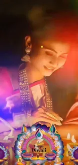 Woman celebrating Diwali with vibrant lights