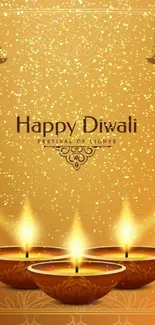 Diwali wallpaper with glowing lamps and gold patterns.