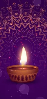 Diwali lamp with intricate patterns on purple background wallpaper.