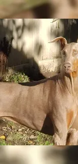 Elegant Doberman in sunlight, posing outdoors with grace.