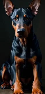 Elegant Doberman dog with a sleek black coat on a phone wallpaper.