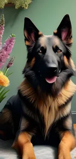 Majestic German shepherd with colorful flowers.