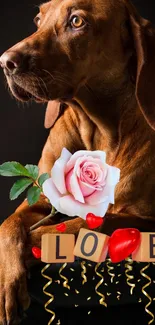 Dog with rose and 'LOVE' blocks on black background.