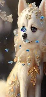 A fantasy-themed elegant dog with golden accents.