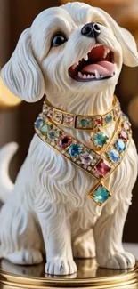 White dog figurine with jeweled collar.