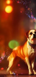 Elegant dog with colorful glowing lights in the background at night.