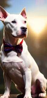 Elegant white dog with red bow tie in evening light.