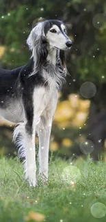 Majestic greyhound dog standing in lush green landscape.