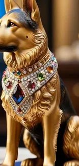 Luxurious dog statue with jeweled necklace