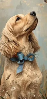 Vintage-style dog with blue ribbon gazing at butterfly.