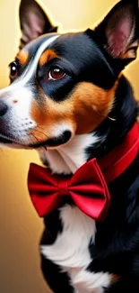 Elegant dog with a red bowtie against a golden yellow background.