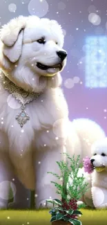 Elegant white dogs with jewels in a fairy-tale garden setting.